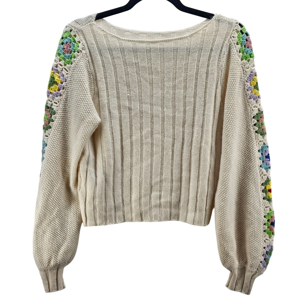 Cream Crochet Sleeve Knit Sweater Women's Size M Balloon Sleeve‎